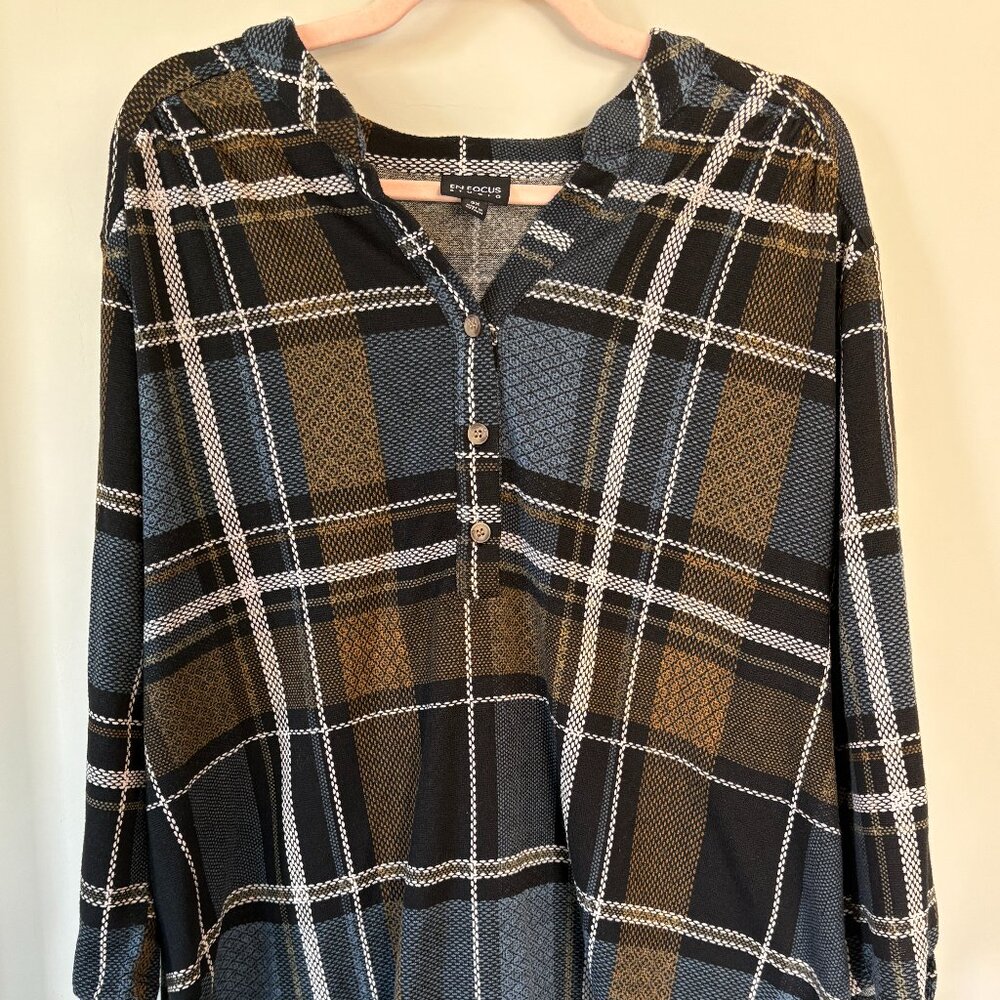 En Focus Studio 3X Plaid Blouse Women Plus Size Button Front‎ 3/4 Sleeve